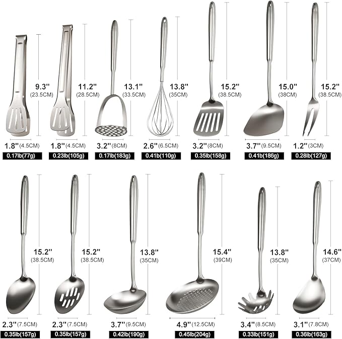 304 Stainless Steel Cooking Utensils Set, 13 PCS Long Large Metal Cooking Utensil Tools Set, Mirror Polished Kitchen Gadget Cookware and Kitchen Tool Set, Dishwasher Safe