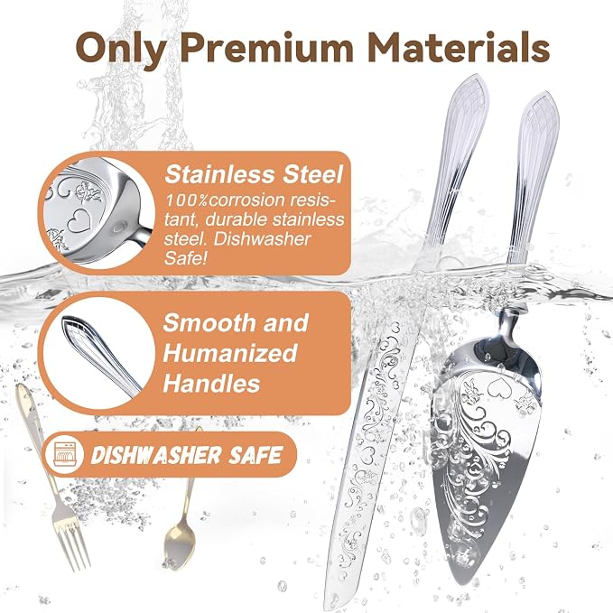 KSENDALO Elegant Wedding Cake Cutting Set with Hollow Handle Cake Knife and Server Set, SUS304(18/8S) Stainless Steel Cutter & Server for Weddings, Birthdays, Parties& Celebrations,13.78 Inch, Silver