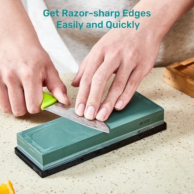HiramWare Knife Sharpening Stone with Non-slip Rubber Base, 400/1000 Grit Premium Whetstone, Double-Sided Knife Sharpener for Kitchen, Waterstone for Honing Blades Manually