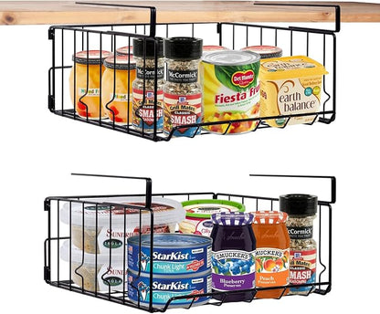 Under Shelf Storage Baskets, Foldable Carbon Steel Under Cabinet Basket for Kitchen Cabinets Pantries Bookshelves Desk, Space-Saving Storage Solution (Black, 2 Pack)