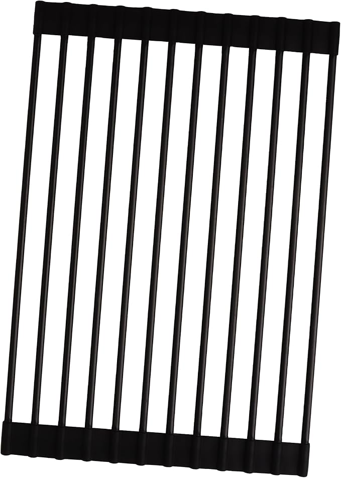 Roll up Dish Drying Rack Silicone Wrapped Stainless Steel 14.5" x 7", Black (M), Over the Sink, Heat Resistant, Foldable