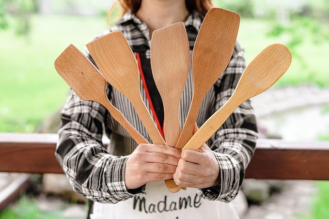 ECOSALL Nonstick Wooden Spoons For Cooking – 5 European Premium Spoons Set - 100% Healthy and Natural Wooden Spatula – Long Handled, Strong, Durable, Solid Wood Cooking Utensils for Everyday Cooking
