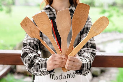 ECOSALL Nonstick Wooden Spoons For Cooking – 5 European Premium Spoons Set - 100% Healthy and Natural Wooden Spatula – Long Handled, Strong, Durable, Solid Wood Cooking Utensils for Everyday Cooking