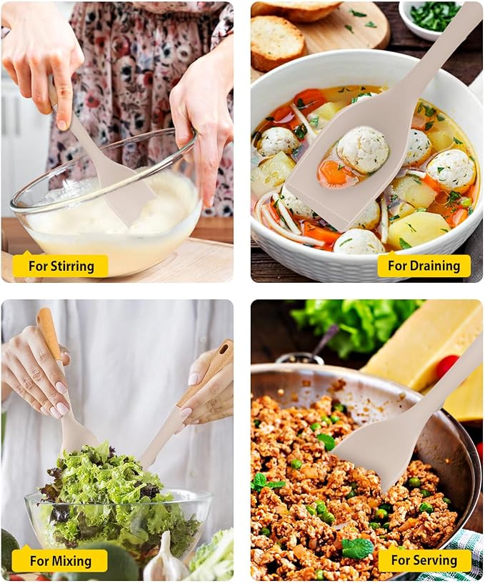 Pack of 2 Large Silicone Cooking Spoons, Heat Resistant Non Stick Kitchen Utensils with Wooden Handle, Ideal for Mixing, Stirring, Serving, Cooking(KHAKI)