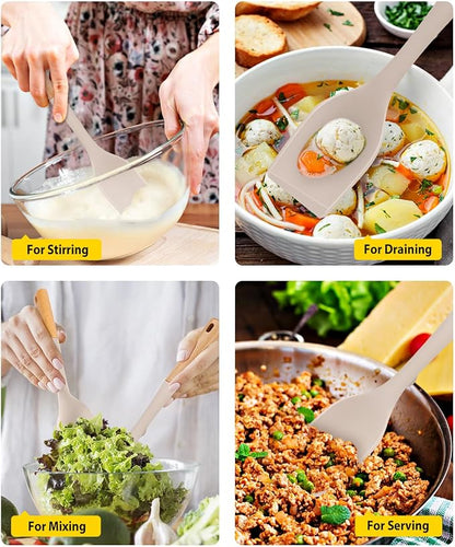 Pack of 2 Large Silicone Cooking Spoons, Heat Resistant Non Stick Kitchen Utensils with Wooden Handle, Ideal for Mixing, Stirring, Serving, Cooking(KHAKI)