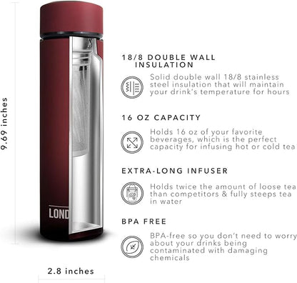 The London Sip Multi-Purpose Travel Mug and Tumbler Fruit Infused Flask Hot and Cold Double Wall Stainless Steel Thermos with Extra-Long Infuser, Sacred Red