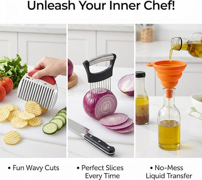 13-Piece Kitchen Gadget Set (Includes Storage Basket) — Features Kitchen Shears, Garlic Press, Knife Sharpener, Julienne Peeler, Standard Peeler, Anti-Scald Tongs, and Bottle Opener — A Home Essential