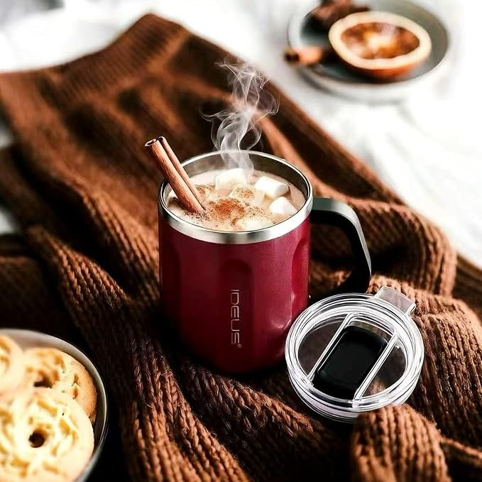 Ideus 16 oz Coffee Cup, Stainless Steel Coffee Travel Mug, Spill Proof Tea Mug with Handle and Lid, Lightweight and Durable, Great for Office Home and Outdoor Use, Burgundy-FUJI FLOW