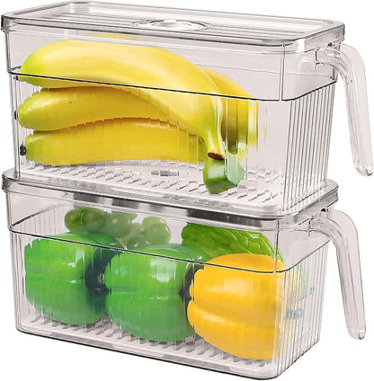 2 Pack Plastic Food Storage Produce Containers for Fridge, Stackable Lettuce Keeper for Refrigerator with Removable Drain Tray Keep Fresh for Vegetables/Fruit/Berry/Salad - 10'' x 5.3'' x 5.2''