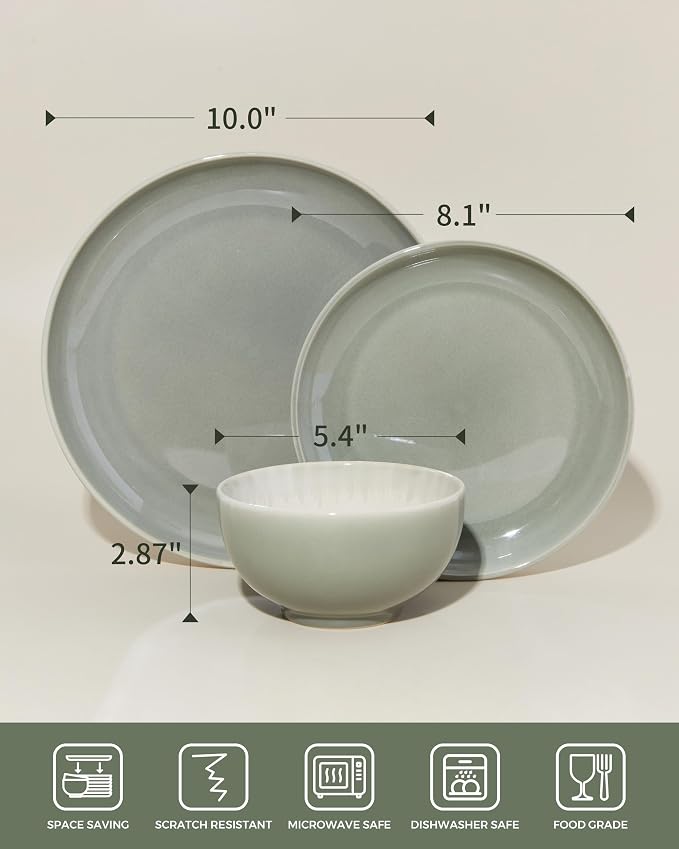 Pokini Stoneware Dinnerware Sets, Ceramic Plates and Bowls Set, Microwave & Dishwasher Safe Kitchen Dish Set, Modern Dinner Salad Plates | Cereal Bowls for 4, Dishware Sets Gray Green