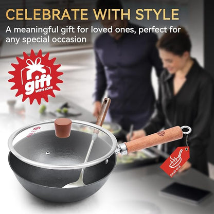 WANGYUANJI Cast Iron Wok Pan with Lid, 10.2 Inch Small Flat Bottom Stir Fry Skillet, Uncoated Traditional Chinese Iron Pot for 1-2 People, Compatible with Induction & Gas Stoves