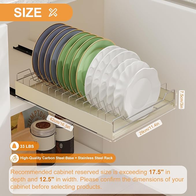 LinTimes Expandable Pull-Out Cabinet Organizer, Stainless Steel + Carbon Steel Cabinet Frame Dish Rack, Upgraded Sliding Drawer, 42.3 * 30 * 7.5cm White