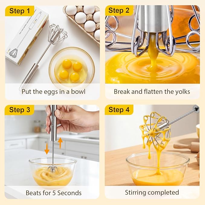 Upgraded Stainless Steel Semi-Automatic Whisk, Easy Push Hand Whisks for Eggs, Cream, Coffee & Light Mixing, Easy Clean Kitchen Whisk for Everyday Cooking (10in)