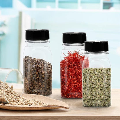 RoyalHouse 12 Pack 9.5 Oz Plastic Spice Jars with Black Cap, Clear and Safe Plastic Bottle Containers with Shaker Lids for Storing Spice, Herbs and Seasoning Powders, BPA Free, Made in USA