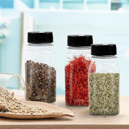 RoyalHouse 6 Pack 9.5 Oz Plastic Spice Jars with Black Cap, Clear and Safe Plastic Bottle Containers with Shaker Lids for Storing Spice, Herbs and Seasoning Powders, BPA Free, Made in USA