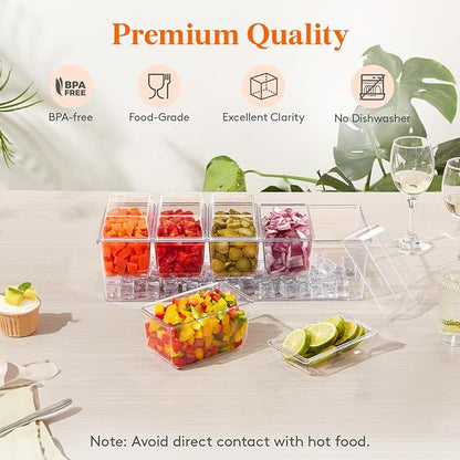 Lifewit 3 Pcs Ice Chilled Condiment Caddy with 5x 20 oz Containers, Condiment Server with Separate Lid, Serving Tray Platter with Removable Dishes for Bar, Fruit, Salad, Taco, Party Garnish