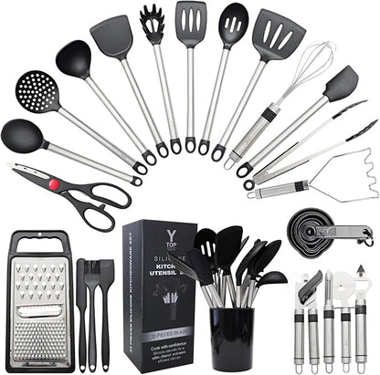 Silicone Kitchen Utensils Set 33 PCS Heat Resistant Food Grade Silicone Utensils Set for Cooking with Stainless Steel Handles BPA Free Kitchen Gadgets Tools Set with Holder Safe for Nonstick Cookware