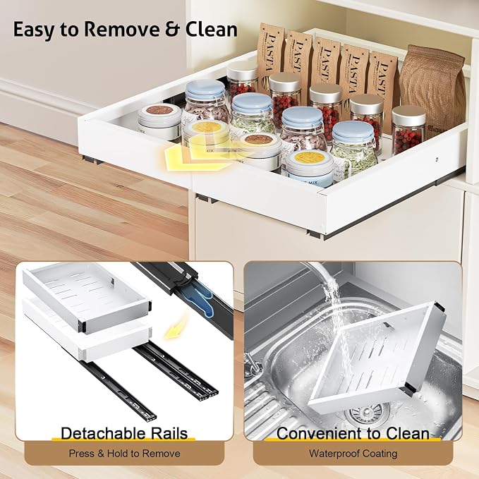 Pull Out Cabinet Organizer, Expandable Width (11.4"-18.9") Depth (16.3"-21.7") Pull out Drawers for Cabinets with 3 Rails, No Drill Adhesive Film or Nail Fixed Slide out Drawers for Kitchen, Pantry