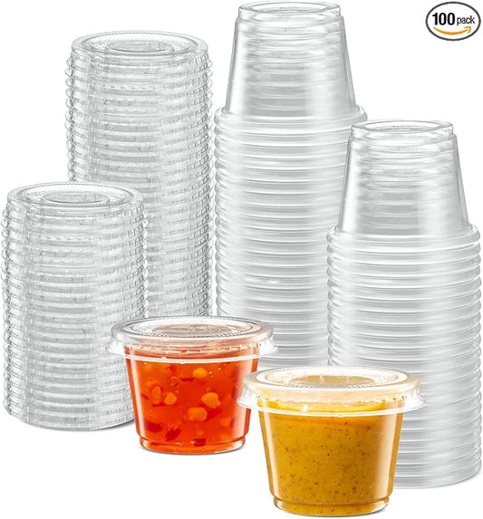 ELEGANT DISPOSABLES (1 oz - 100 Sets) Clear Diposable Plastic Portion Cups With Lids, Small Mini Containers For Portion Controll, Jello Shots, Meal Prep, Sauce Cups, Slime, Condiments,
