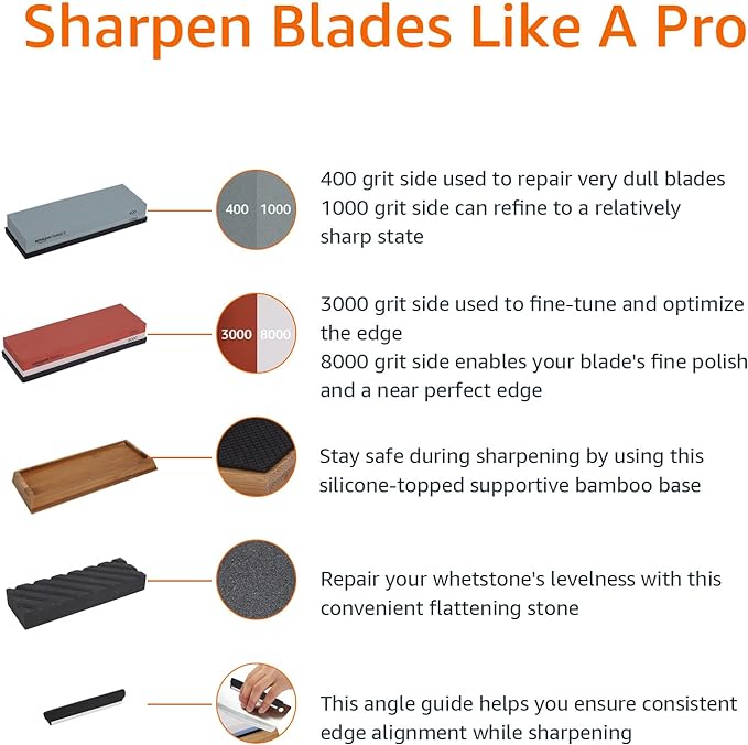 Amazon Basics Whetstone Knife Sharpening Stone Set, Double-sided 400/1000 and 3000/8000 Grit Stones, Flattening Stone with Angle Guide, Non-Slip Bamboo Base, 3 Count, Black & Grey
