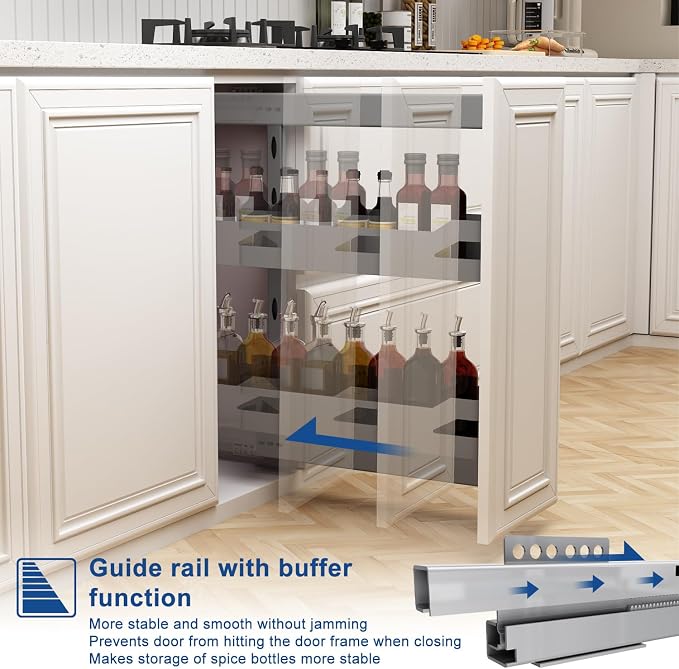 VADANIA Naro Pull Out Cabinet Organizer with Solid Metal Trays, 2-Tier Spice Rack for 10" Base Cabinets, Soft Close Full-Extension Slides, Reversible Left or Right Side Mount