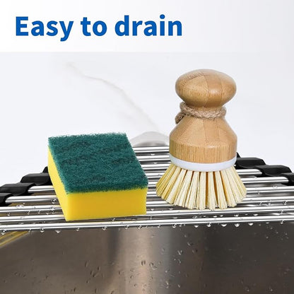 Triangle Dish Drying Rack for Sink Corner, 18/8 Stainless Steel with Thickened Silicone Edge, Roll-Up Space Saving Sink Caddy, Non-Slip Sponge Holder & Drainer Mat for Kitchen Counter