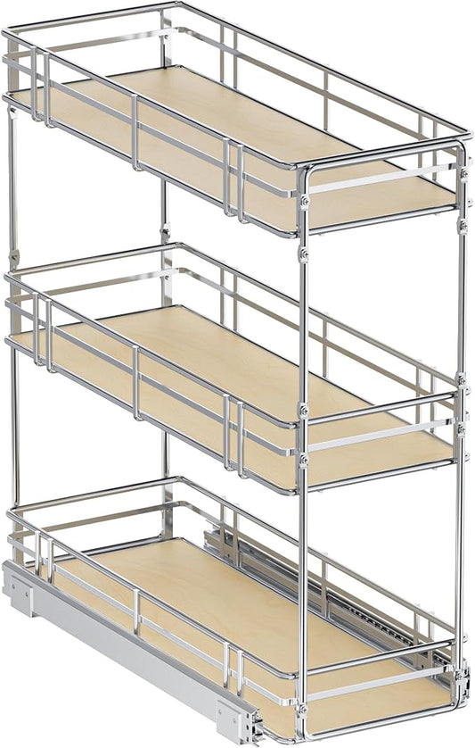 9" W x 20.5" D 3-Tier Pull Out Spice Rack Organizer, Solid Wood Base Slide Out Cabinet Shelf for Narrow Kitchen Cabinets, Chrome Pantry Storage