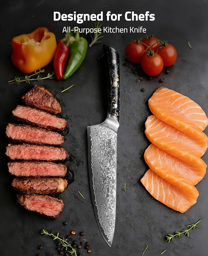 CVLIFE Chef Knife, 8 Inch Damascus Knife with Japanese High Carbon 10Cr15Mov Core, Full Tang Ergonomic Handle for Balance & Control, Razor Sharp Kitchen Knife for Cooking with Sheath & Box