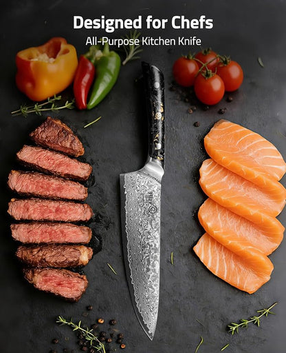 CVLIFE Chef Knife, 8 Inch Damascus Knife with Japanese High Carbon 10Cr15Mov Core, Full Tang Ergonomic Handle for Balance & Control, Razor Sharp Kitchen Knife for Cooking with Sheath & Box