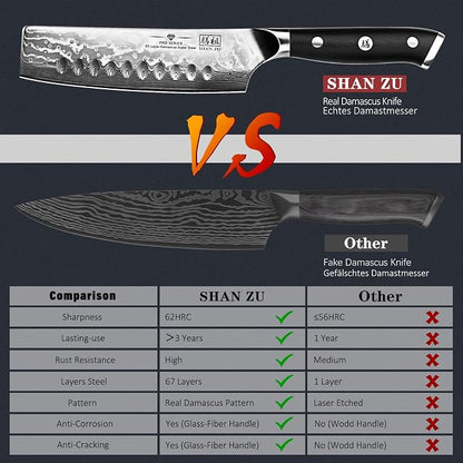 SHAN ZU Chef Knife, Damascus Professional Extra Sharp Kitchen Knife, Japanese High Carbon Super Steel Nakiri Knife with Ergonomic G10 Glass Fiber Handle
