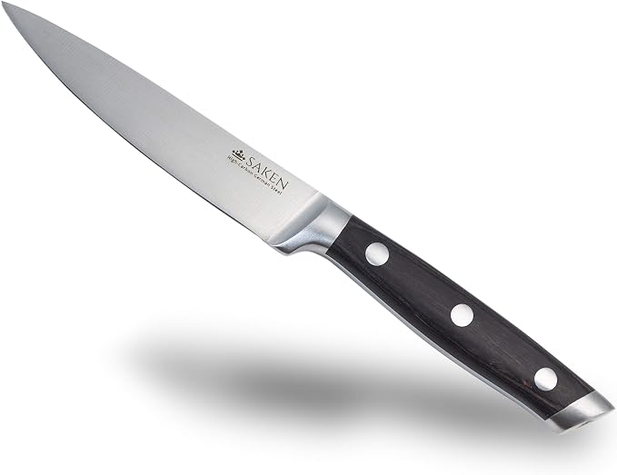Saken 4.5-Inch Paring Knife - High-Carbon German Steel Kitchen Utility Knife with Wooden Handle in Dark Wood Finish - Multipurpose Kitchen Knife Mincing, Slicing, Chopping, and General Cutting Work