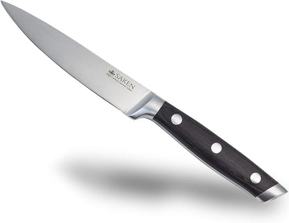 Saken 4.5-Inch Paring Knife - High-Carbon German Steel Kitchen Utility Knife with Wooden Handle in Dark Wood Finish - Multipurpose Kitchen Knife Mincing, Slicing, Chopping, and General Cutting Work