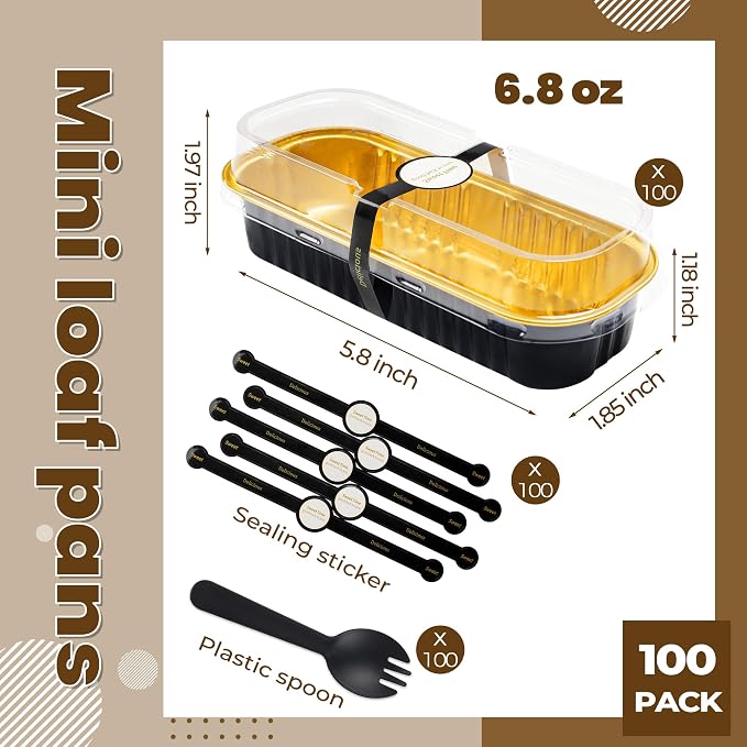100 Pack Mini Loaf Pans with Lids Rectangle Individual Cake Pans Aluminum Foil Pans for Large Gatherings Picnics Vacations Parties, Graduation Gifts Party Favors(Black Gold, 6.8 OZ)