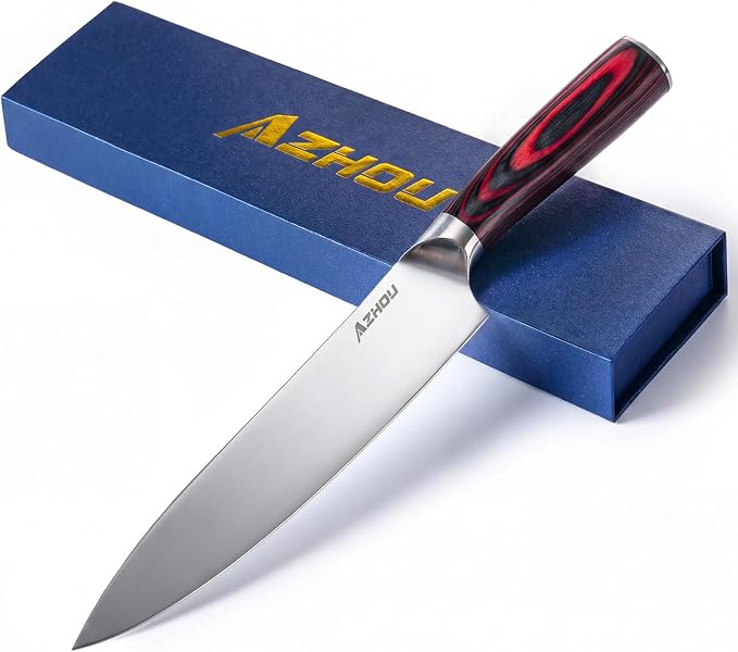 Azhou 8 Inch Chef Knife, Professional Kitchen Knife with 7Cr17CoMoV High Carbon Stainless Steel, Ultra Sharp Mirror Polished Blade, Ergonomic Wood Handle, Gift Box for Men Women