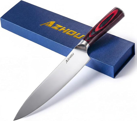 Azhou 8 Inch Chef Knife, Professional Kitchen Knife with 7Cr17CoMoV High Carbon Stainless Steel, Ultra Sharp Mirror Polished Blade, Ergonomic Wood Handle, Gift Box for Men Women