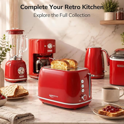 2 Slice Stainless Steel Toaster Retro with 6 Bread Shade Settings, Bagel, Cancel, Defrost Function, Extra Wide Slot, Removable Crumb Tray, Red