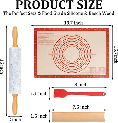 3Pcs Marble Rolling Pin Sets,15Inch Marble Pastry Dough Roller with Wooden Handle,Silicone Mat,Cradle and Brush, Non Stick Surface Rolling Pins for Dough Cookie Baking Supplies Kitchen Accessories