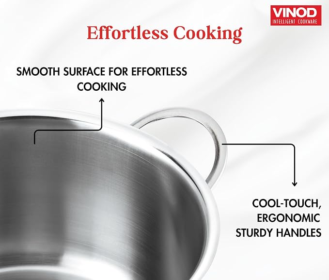 Vinod Stainless Steel Induction Friendly Tuscany Set 5 Pieces - Saucepan (14 cm/1.3 Litre), 3 Cassseroles (14 cm,16 cm & 18 cm/1.3,2 & 2.8 Litre), Frypan (18 cm) & 3 Glass Lids