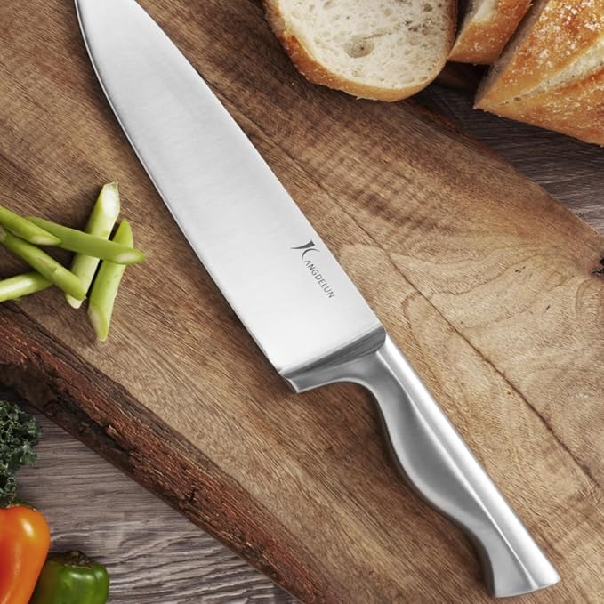 Kangdelun 15-Piece Ultra Sharp Kitchen Knife Set with Wooden Block, Exclusive Ergonomic Anti-Slip Handle, High-Carbon 50CR15MOV Steel, Angled Design, Dark Brown Wood Block