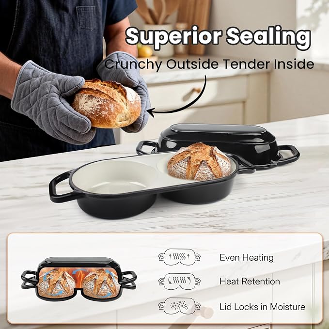 YONILL Mini Double Dutch Oven for Sourdough Bread Baking - Enameled Cast Iron Dutch Oven Pot with Lid and 5" Banneton Bread Proofing Basket Kit, Dual Round Bread Loaf Pan for Homemade Baking
