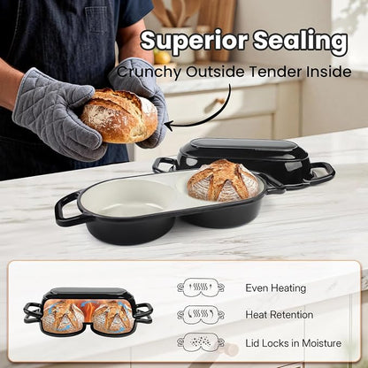 YONILL Mini Double Dutch Oven for Sourdough Bread Baking - Enameled Cast Iron Dutch Oven Pot with Lid and 5" Banneton Bread Proofing Basket Kit, Dual Round Bread Loaf Pan for Homemade Baking
