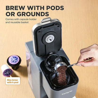 Tastyle Single Serve Coffee Maker, Iced and Hot Coffee Machine for K Cup & Grounds, Compact Design, 40oz Removable Water Reservoir, 6 to 24 Oz Brew Sizes, Fits 7.3" Travel Mug, Gray