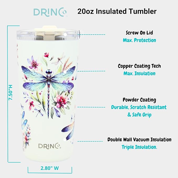 Drinco - 20 oz Stainless Steel Tumbler | Double Walled Vacuum Insulated Mug With Lid, 2 Straws, For Hot & Cold Drinks (20oz Dragonfly)