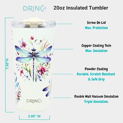 Drinco - 20 oz Stainless Steel Tumbler | Double Walled Vacuum Insulated Mug With Lid, 2 Straws, For Hot & Cold Drinks (20oz Dragonfly)