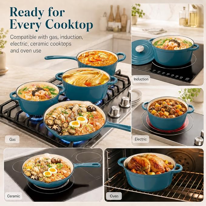 Hisencn Enameled Cast Iron Cookware Set - 7 Piece Set of Dutch Ovens, Sauce Pan, Skillet, 3 Lids, Dutch Oven Set, Ceramic Coated Cast Iron, Heavy Duty, Gas/Induction Compatible (Teal)