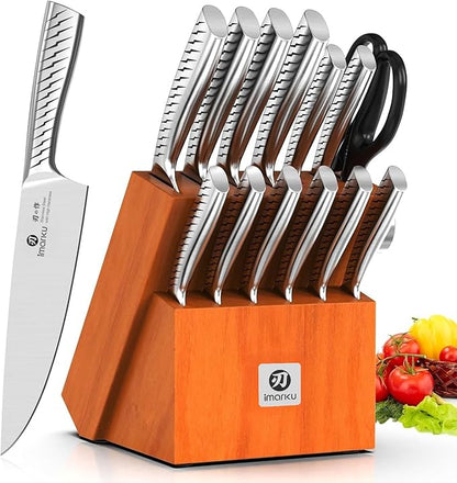 imarku® Knife Set,14-Piece Knife Sets for kitchen with block,Premium One-Piece Kitchen Knife Set with Sharpener,High Carbon Stainless Steel Knives Set for Kitchen,Silver,Dishwasher Safe