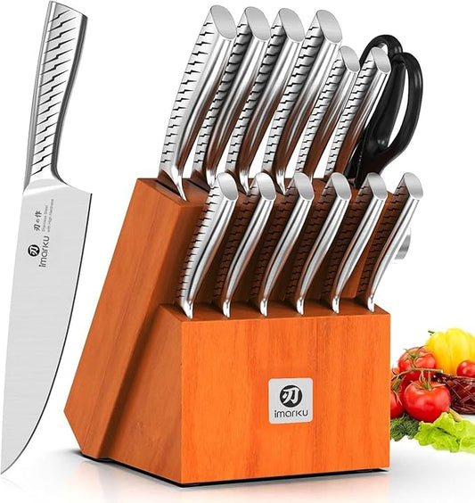 imarku® Knife Set,14-Piece Knife Sets for kitchen with block,Premium One-Piece Kitchen Knife Set with Sharpener,High Carbon Stainless Steel Knives Set for Kitchen,Silver,Dishwasher Safe