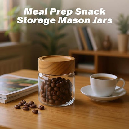 6-Pack 6 fl oz Stackable Airtight Glass Jars (with Acacia Wood Lids + Sticker Labels) – Small Mason Jars designed for overnight oats, spices, dry goods, and kitchen organization.