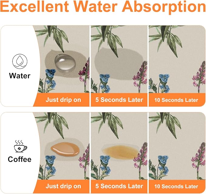 LOKHOM Dish Drying Mat for Kitchen Counter, 12"x20" Absorbent Coffee Bar Mat with Vintage Sage Flower Herbs, Dish Drainer Rack Mat for Kitchen Counter