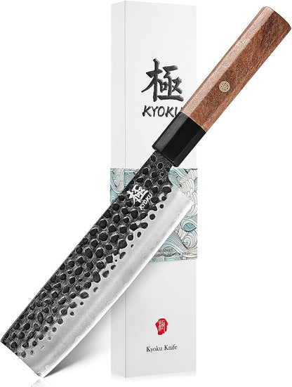 KYOKU Nakiri Knife, Kage Series 7" Kitchen Knife with 3-Layer Laminated Steel Blade Rosewood Handle, Japanese Nakiri Chef Knife with Sheath, Vegetable Knife for Chopping Slicing Mincing and More